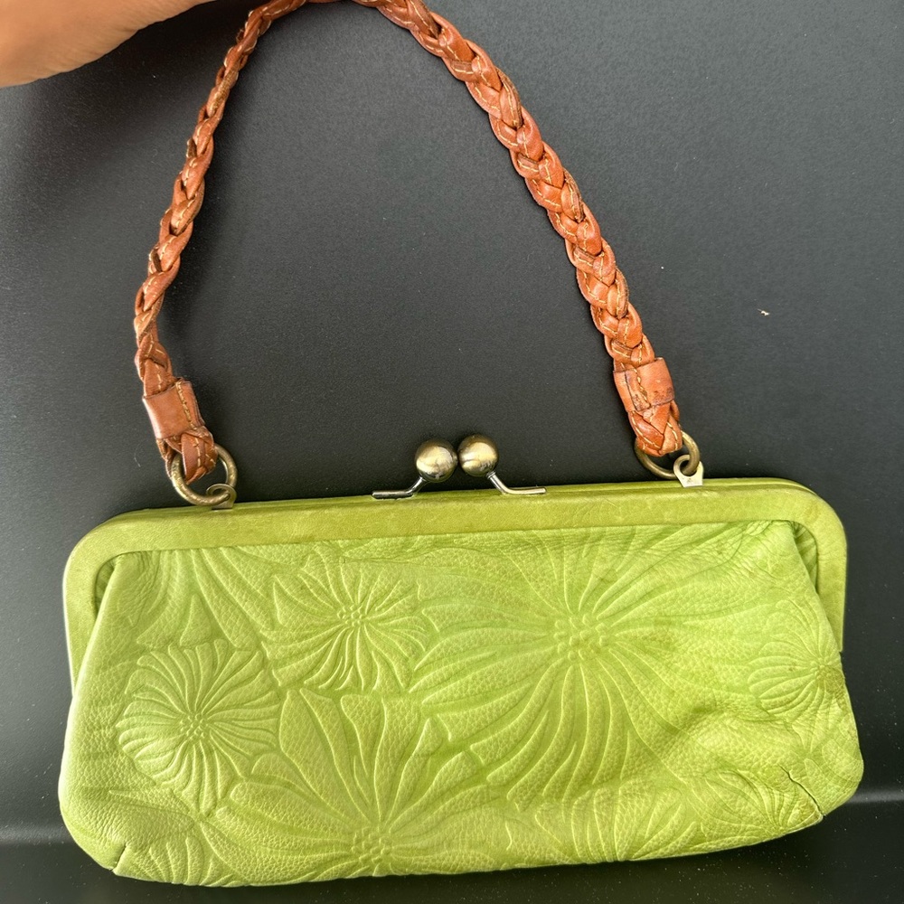 Green mini purse with island print and brown strap